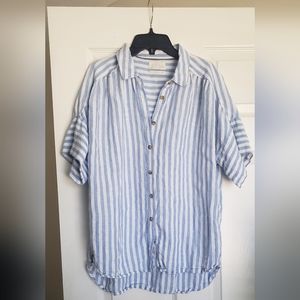 J Crew Short Sleeve Button up Blue and white striped Linen Top Size M